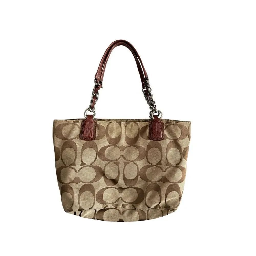 Coach Womens Brown Beige Signature Canvas And Leather Chain Tote Shoulder Bag OS